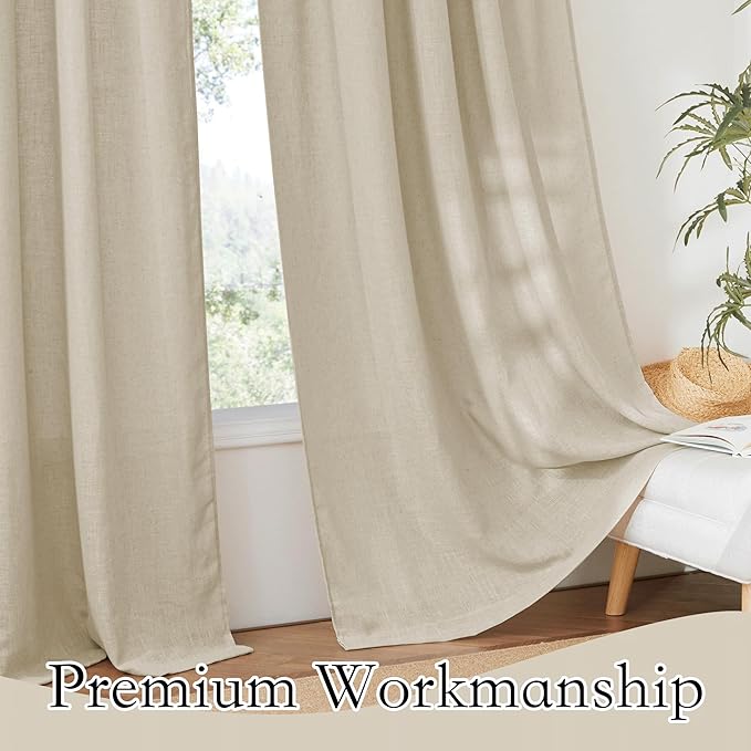 RYB HOME Linen Look Sheer Curtains 70 inch Wide, Privacy Light Filtering Panels Elegant Home Decoration Airy Window Treatment for Sun Room Beach Pool House, Beige, W 70 x L 108 inch Long, 1 Pair