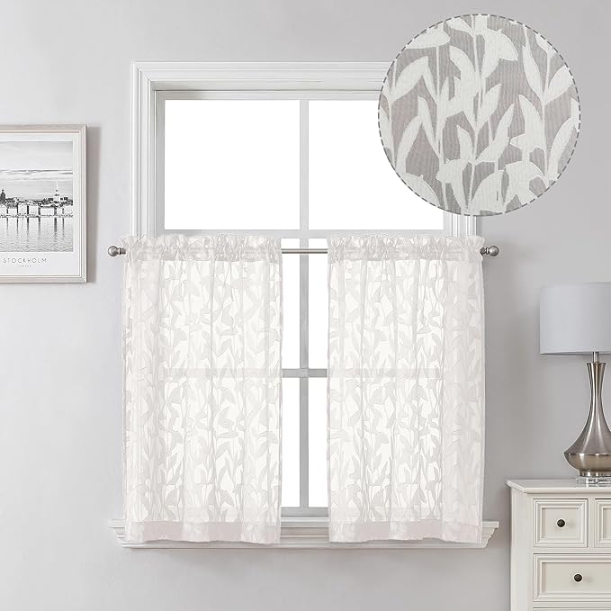 Lecloud Leia 2 PCS Ivory Sheer Kitchen Curtains 36 Inch Length, Breathable Clip Textured Leaf Cafe Bedroom Voile Curtain Tiers, Dual Rod Pockets Jacquard Bathroom Bedroom Drapes, 40 W x 36 L