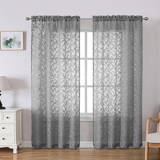 Lecloud Leia Charcoal Grey Sheer Curtains 78 Inches Long 2 Panels, Privacy Airy Voile Jacquard Leaf Textured Curtains, Dual Rod Pockets Farmhouse Drapes for Living Room Bedroom, Each 42" W x 78" L