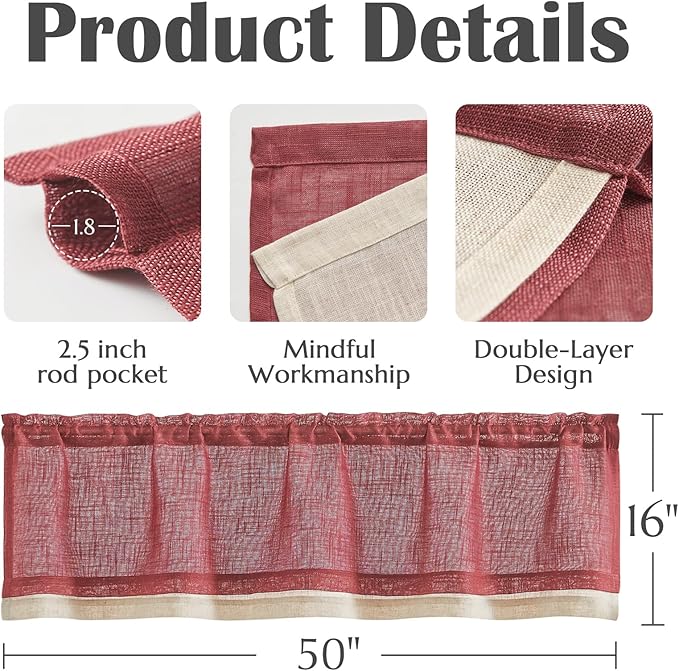 jinchan Linen Farmhouse Valances for Living Room Windows 16 Inch Slubbed Crossed Double Layer Window Valances Light Filtering Rustic Country Overlay Rod Pocket 2 Panels Burgundy