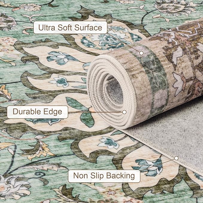 Area Rugs 10x12 Living Room Rug: Washable Rug Soft Vintage Distressed Floral Carpet Indoor Non-Slip Stain Resistant Large Carpets for Bedroom Dining Room Farmhouse Nursery Home Office Brown Green