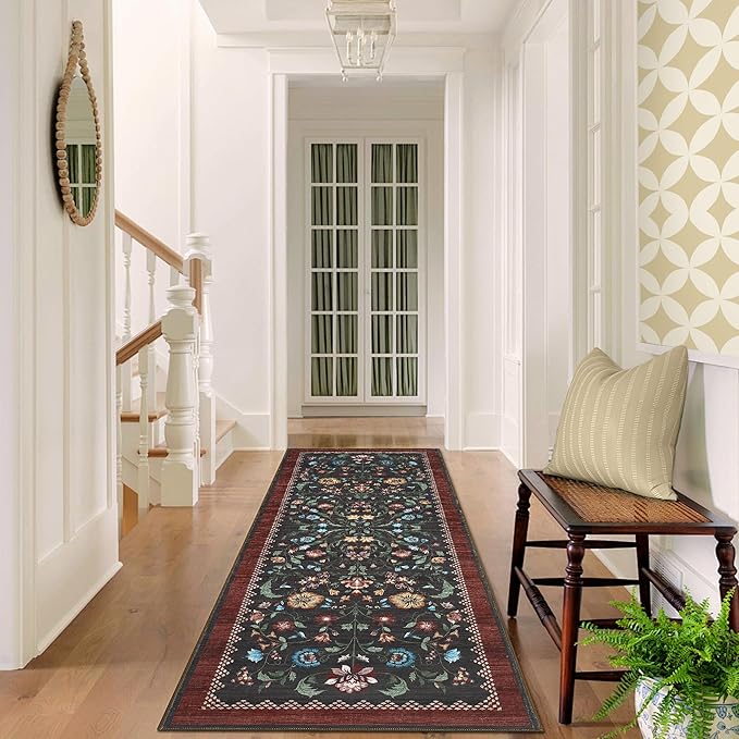 GarveeHome Floral Rug 2.5x10 Runners for Hallways, Boho Kitchen Runner Rugs Non Slip Bath Runners, Vintage Washable Runner Rug for Bedroom, Soft Long Rugs for Entryway Bathroom Laundry Dorm, Red