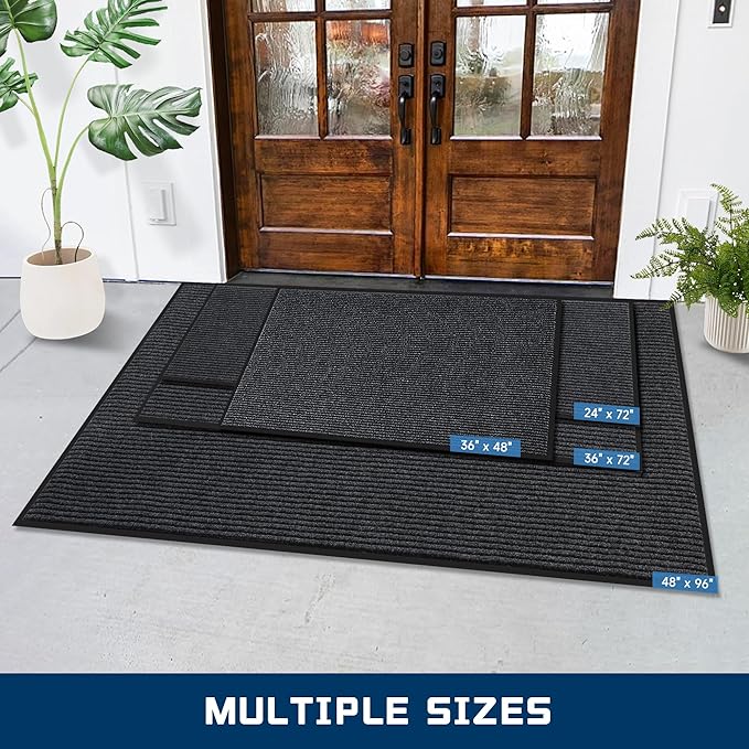 Large Indoor Outdoor Door Mat, 2' x 6' Heavy Duty Commercial Floor Mat Inside Outside Entrance, Rubber Border Doormats for Entryway, High Traffic Area, Waterproof, Low-Profile, Easy to Clean