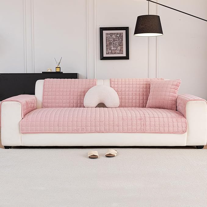 Velvet Couch Cover, Washable Sectional Sofa Cover, Anti Slip Sofa Slipcover for 3 Cushion Couch Sofa L Shaped Armrest Backrest, Furniture Protector Covers for Pets Kids(1PC,Pink,36"×71")