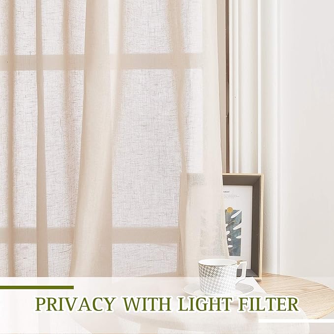 NICETOWN Natural Open Linen Weave Flax Sheer Window Curtains, Ring Top Semi Sheer Textured Drapes Privacy with Light Through for Bedroom/Kids Room, Beige, 52" Wide by 63" Long, 2 Pieces