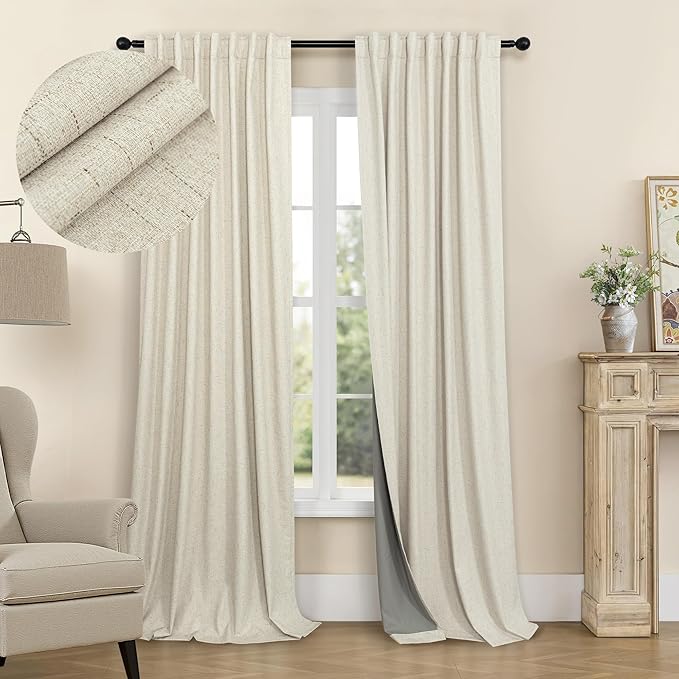 92 Inch Curtains 2 Panel Set UV Light Blocking Summer Farmhouse Curtains for Living Room Darkening Curtain for Nursery Kids Bedroom Linen Look Blackout Drape Thermal Insulating 52x92 Long Length Beige