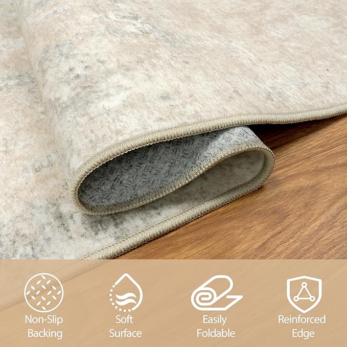 Round Rug 8ft Circle Rug Washable: Carpet Circular Area Rug for Entryway Kitchen Bedroom Dining Room Living Room Large 8 Feet Abstract College Dorm Non Slip Low Pile Beige Grey
