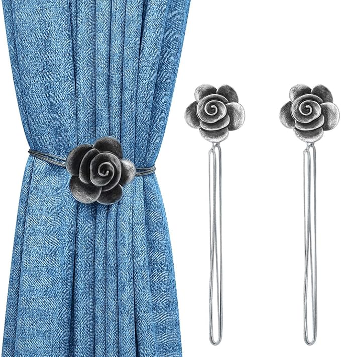 Lewondr Drapery Holders, Vintage Resin Flower Curtain Ties with Rope Curtain Holdbacks Window Curtain Decorative for Outdoor, Home Office, and Cafe Balcony - Ink