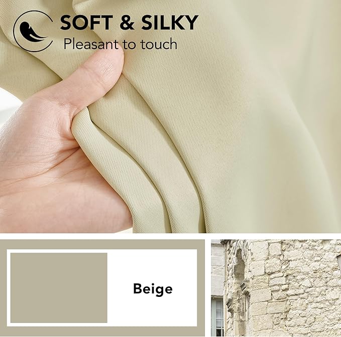 Deconovo Blackout Curtains, Thermal Insulated, W52 x L63 2 Panels, Back Tab, Machine Washable, Room-Darkening Drapes for Bedroom/Living Room Beige