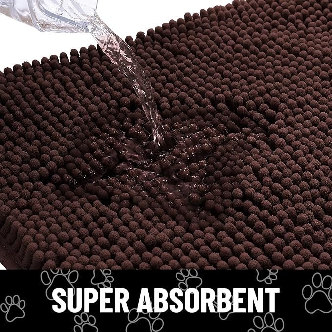 Smiry Dog Door Mat for Muddy Paws, Absorbent Dirt Trapper Non Slip Quick Dry Washable Chenille Mat for Mud Dogs, Entry Rug for Indoor and Outdoor (54x24 Inches, Brown and White)