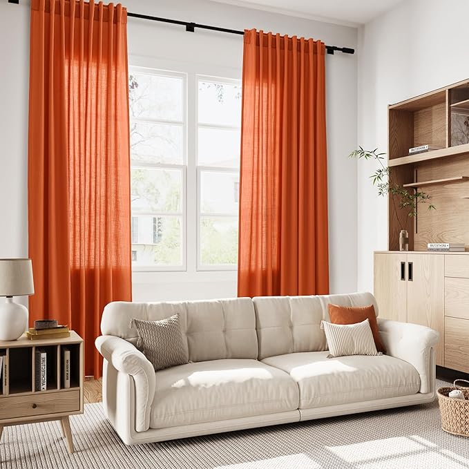 Bright Orange Curtains 63 Inches Long 2 Panel Sets for Living Room Bedroom, Light Filtering Linen Drapes for Kitchen Windows Rod Pocket or Back Tab Curtain,Semi Sheer 52x63