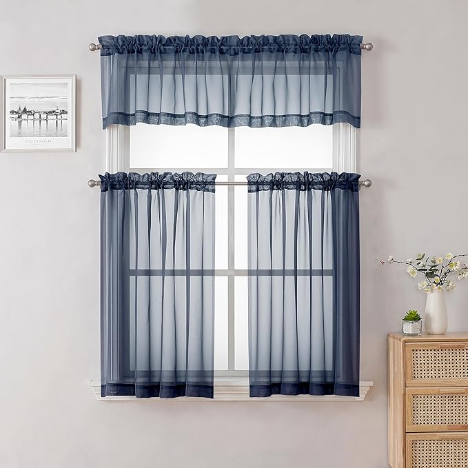 Lecloud Navy Blue Sheer Valances for Windows 18 Inch Length 2 Pcs, Cafe Kitchen Curtains for Bedroom Living Room, Short Curtains for Small Windows with Dual Rod Pocket Home Decor, 42" W x 18" L
