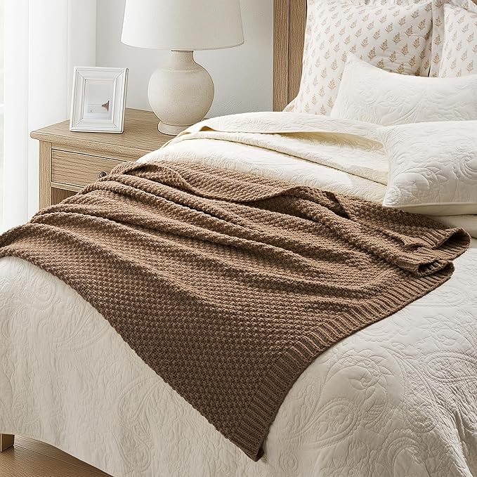 EVERGRACEHOME Chunky Chenille Knit Throw Blanket for Couch, Soft Luxurious Moss Stitch Blankets for Bed, Cozy Decorative Farmhouse Knitted Throws for Sofa, Camel Brown, 60" x 80"