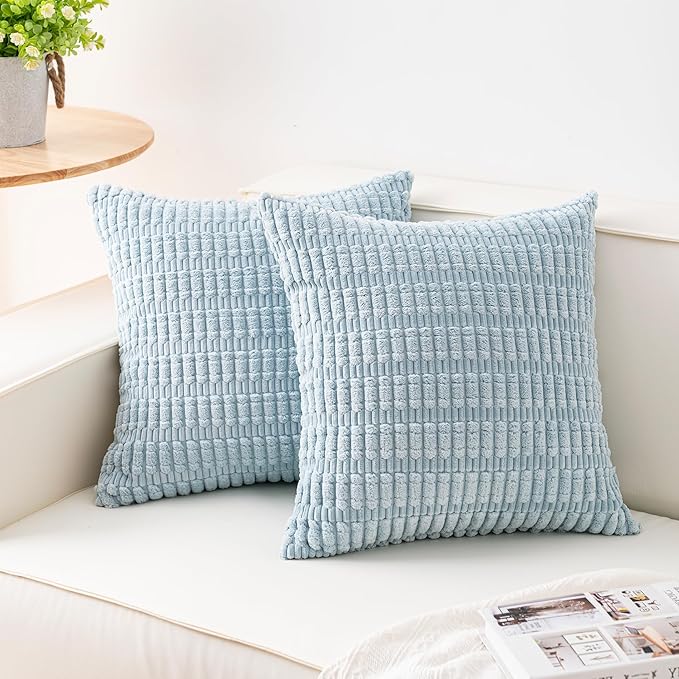 Pack of 2 Corduroy Decorative Throw Pillow Covers 20x20 Inch Soft Striped Pillow Covers Modern Farmhouse Home Decor for Sofa Living Room Couch Bed（Sky Blue）