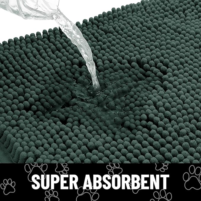 Smiry Dog Door Mat for Muddy Paws, Absorbent Dirt Trapper Non Slip Quick Dry Washable Chenille Mat for Mud Dogs, Entry Rug for Indoor and Outdoor (24x16 Inches, Green and White)