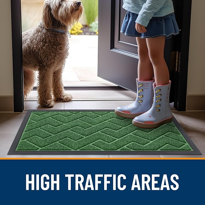 OLANLY Front Door Mat Indoor Outdoor Entrance, Waterproof All-Season, All-Weather Doormat, Sturdy Natural Rubber, Low Profile, Easy Clean Patio Porch Entryway Mat, Herringbone Brick (Green, 47x32)