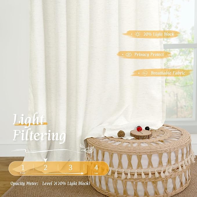 LAMIT Natural Linen Curtains 72 inch Length for Bedroom, Faux Linen Textured Light Filtering Drapes Rod Pocket Boho Window Treatment Panels for Farmhouse/Living Room, 2 Panels, 52 x 72 Inch