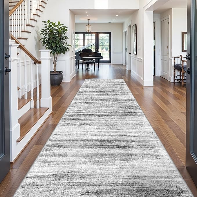 6x12 Runner Rug for Wide Hallway: Long Washable Area Rugs for Living Room Dining Room Office - Stain and Water Resistant Runners with Non-Slip Backing - Soft Low-Pile Thin Carpet Grey