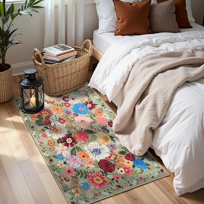 2x5 Entryway Runner Rugs, Non Slip Washable Rugs with Rubber Backing Soft Floral Carpet Runner for Kitchen, Laundry, Bedroom, Bathroom(2 x 5, Green Garden)