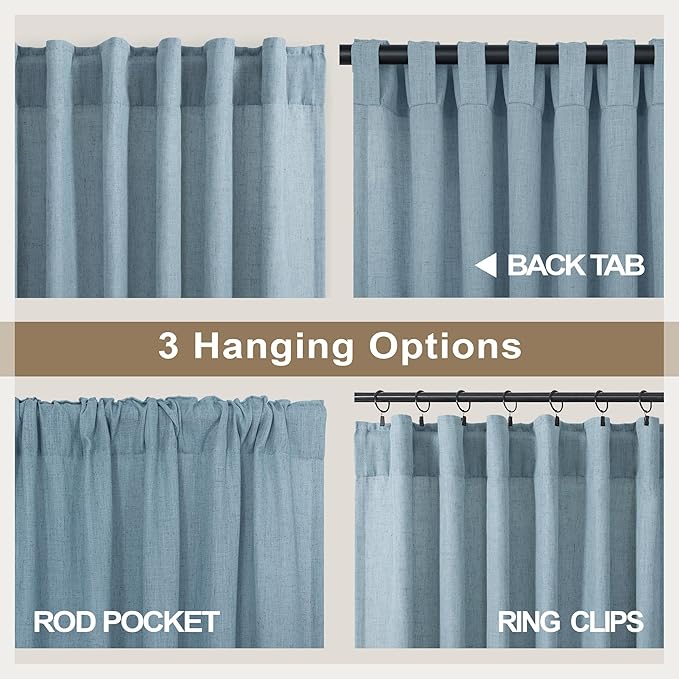 Country Blue Curtains 54 Inch Length for Bathroom 2 Panels Pocket Tab Loops Light Reducing Semi Privacy Energy Efficient Linen Sheer Vintage Blue Curtains for Boys Bedroom Chambray Blue Dusty