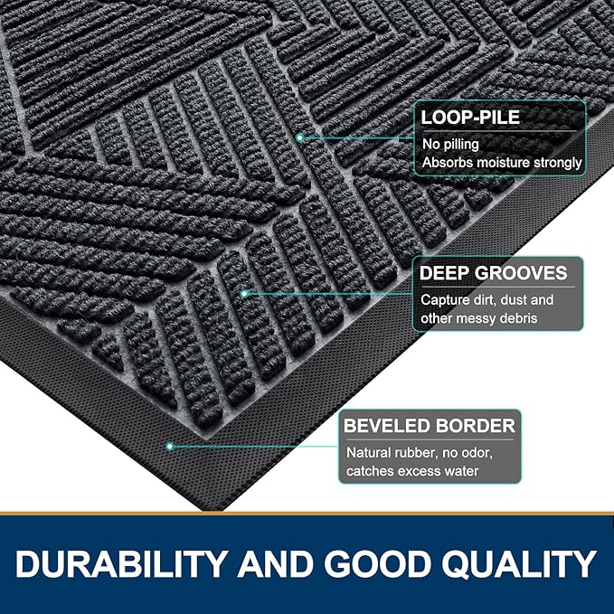 Smiry Front Door Mat Outside Entrance, Heavy Duty Sturdy Natural Rubber Doormat, Trap Dirt and Moisture, Easy Clean Low Profile Welcome Floor Mats for Indoor Outdoor Entry, 59x23 Inch, Grey