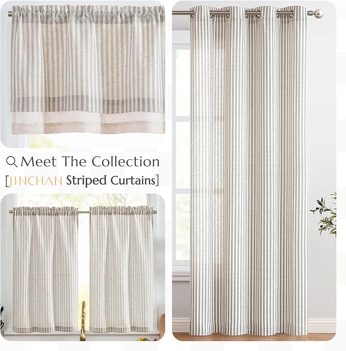 jinchan Linen Valance Curtain Striped Grey Small Window Curtain Double Layer Light Filtering Modern Farmhouse Valance for Kitchen Living Room Bedroom 18 Inch Rod Pocket 1 Panel Gray on Beige