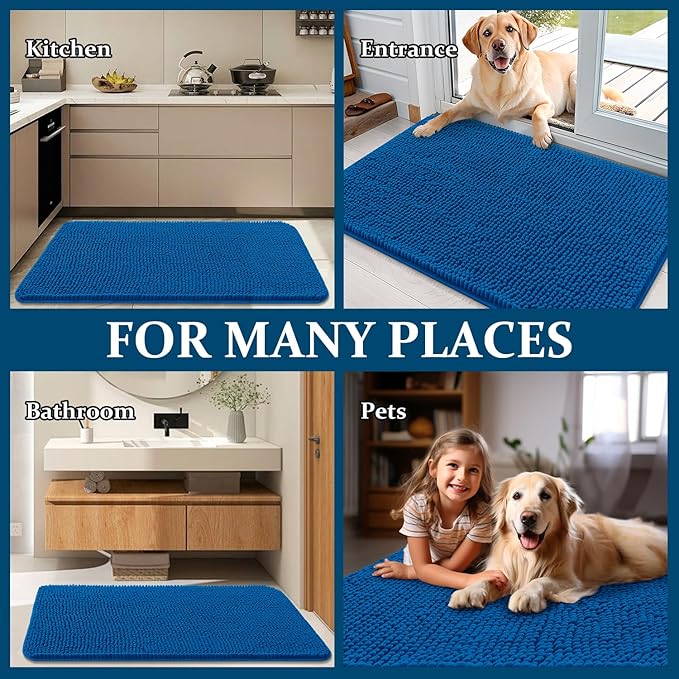 OLANLY Dog Door Mat for Muddy Paws 44x32, Absorbs Moisture and Dirt, Absorbent Non-Slip Washable Doormat, Quick Dry Chenille Mud Mat, Entry Indoor Entryway Carpet for Inside Floor, Deep Navy Blue
