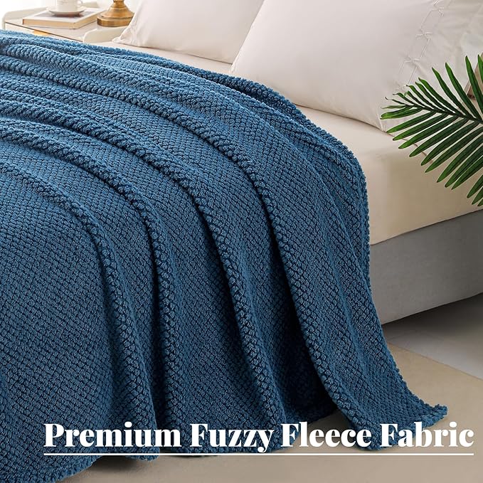 Whale Flotilla King Size Fuzzy Fleece Blanket for Bed, 90x104 Inch Fluffy Warm Soft Jacquard Blankets for All Season, Lightweight and Cozy, Navy Blue