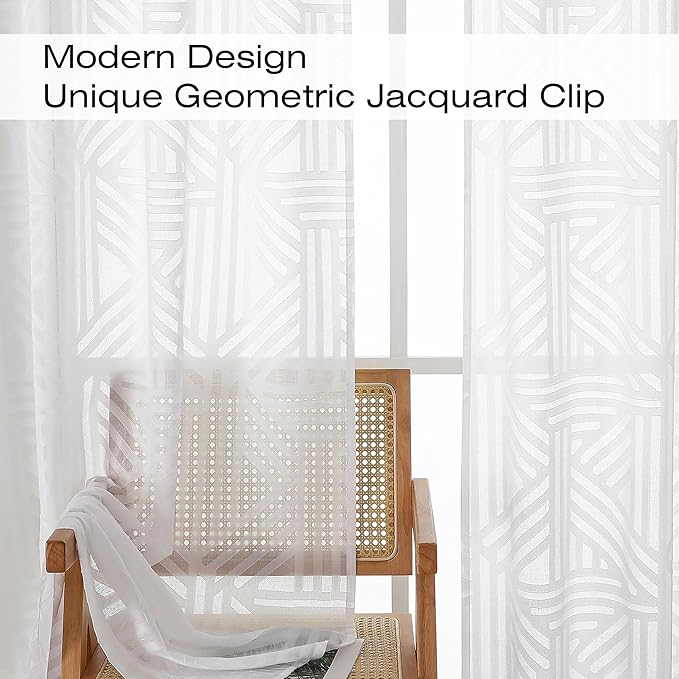 Simplebrand Semi Sheer White Curtains 96 Inches Long 2 Panels, Light Filtering Geometric Jacquard Clip Textured Sheer Curtains for Living Roon，Modern Elegant Window Curtains Drapes，52x96 inch