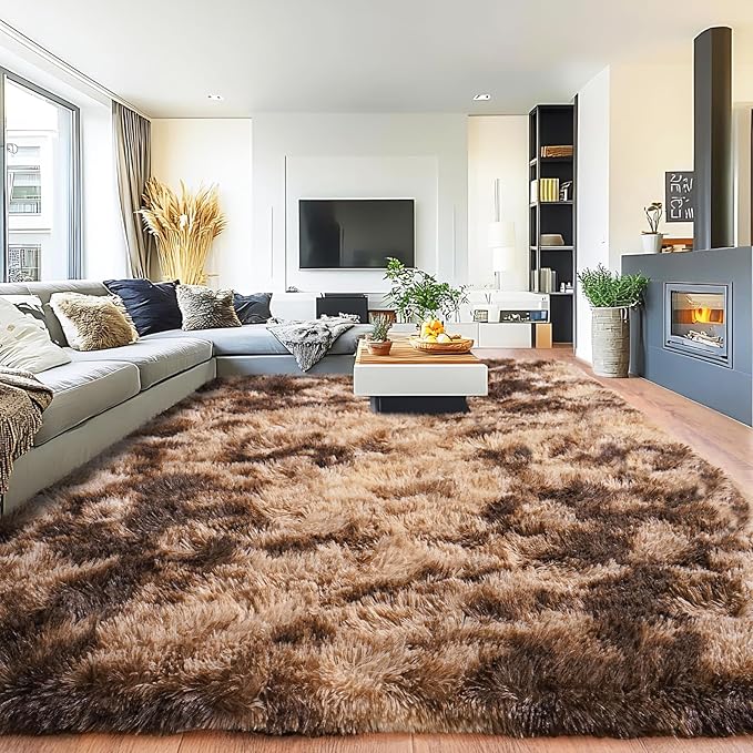 Pionblank Large Area Rug for Living Room 10x14, Fuzzy Modern Shag Rug Brown, Fluffy Plush Non Slip Soft Furry Carpet for Bedroom Kids Room Nursery Teens Dorm Home, Tie-Dyed Coffee