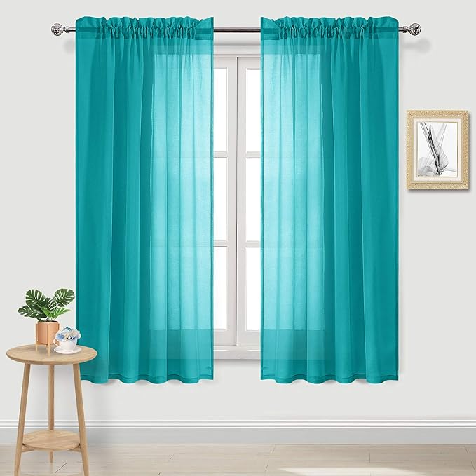 DWCN Turquoise Sheer Curtains Semi Transparent Voile Rod Pocket Curtains for Bedroom and Living Room, 42 x 72 inches Long, Set of 2 Panels