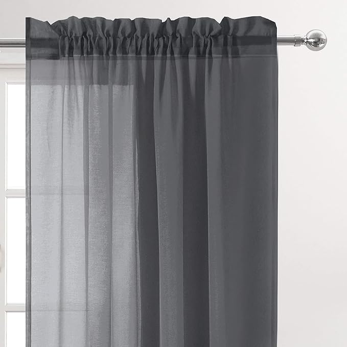 DWCN Dark Gray Sheer Curtains Semi Transparent Voile Rod Pocket Curtains for Bedroom and Living Room, 52 x 63 inches Long, Set of 2 Panels