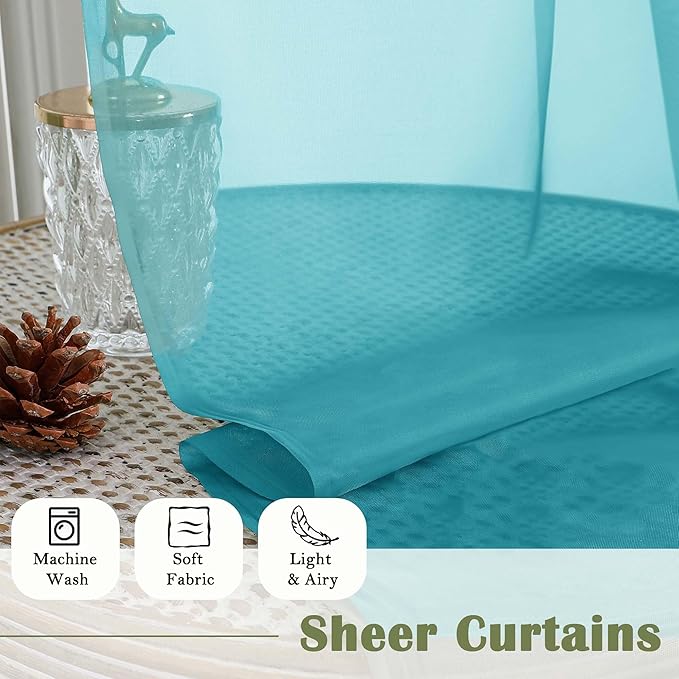 Lecloud Turquoise Sheer Curtains 90 Inches Long 2 Pcs, Soft Airy Light Filtering Home Decor Living Room Curtains for Bedroom, Rod Pockets Window Treatments Solid Drapes, Each Panel 59" W x 90" L