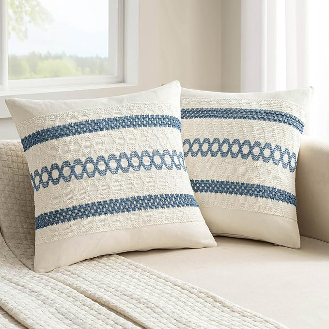 MIULEE Set of 2 Coastal Blue Boho Decorative Pillow Covers 18x18 Inch Farmhouse Rustic Couch Throw Pillows Modern Summer Cotton Cushion Covers Retro Cute Macrame Woven Spring Decor for Bed Sofa Chair
