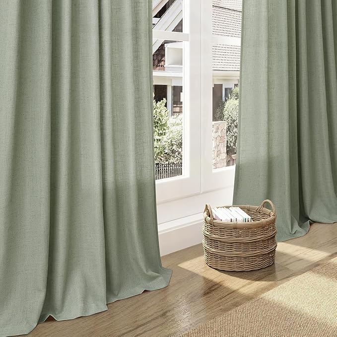 Desert Sage Linen 144 Inch Curtains for Living Room Light Filtering Semi Sheer Curtain Back Tab Rustic Farmhouse Decor Elegant Soft Drapes Floor to Ceiling High Window for Bedroom 52x144, 2 Panels