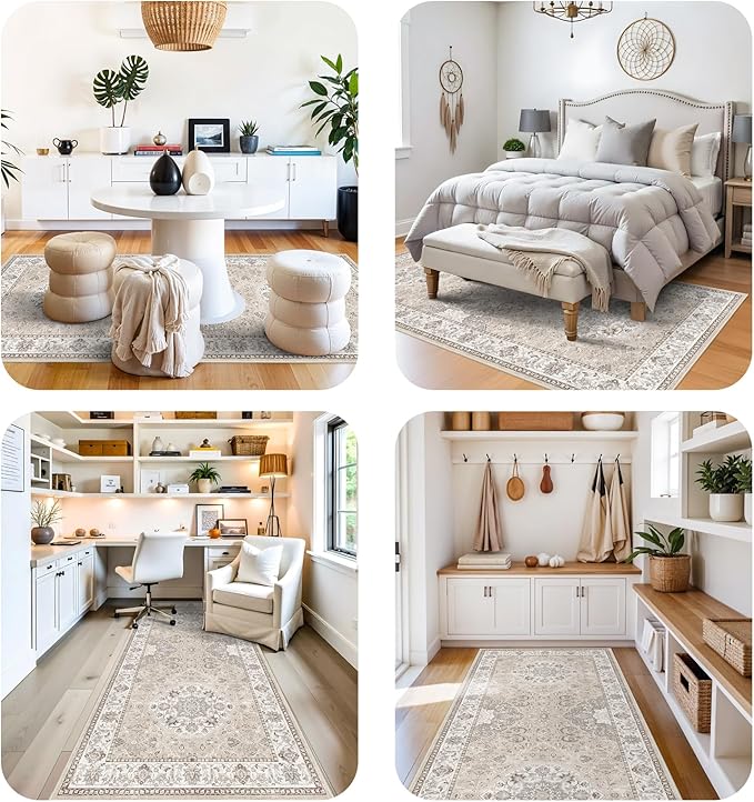 Washable 4x12 Wide Hallway Runners: 12ft Vintage Soft Runner Rug for Entryway Living Room Non Slip Water Resistant Carpet for Kitchen Dining Room Ultra Thin Nursery Bedroom Area Rug(Beige,4x12)
