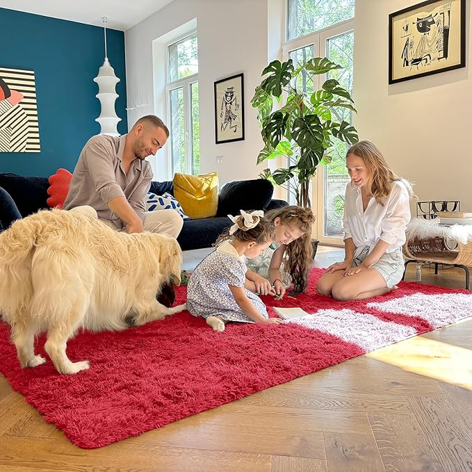 OLANLY 9x12 Machine Washable Large Area Rugs for Living Room, Bedroom, Soft Fluffy Shaggy Bedside Rug, Indoor Floor Carpet for Kids Girls and Boys, Dorms, Nursery, Home Decor Aesthetic, Red