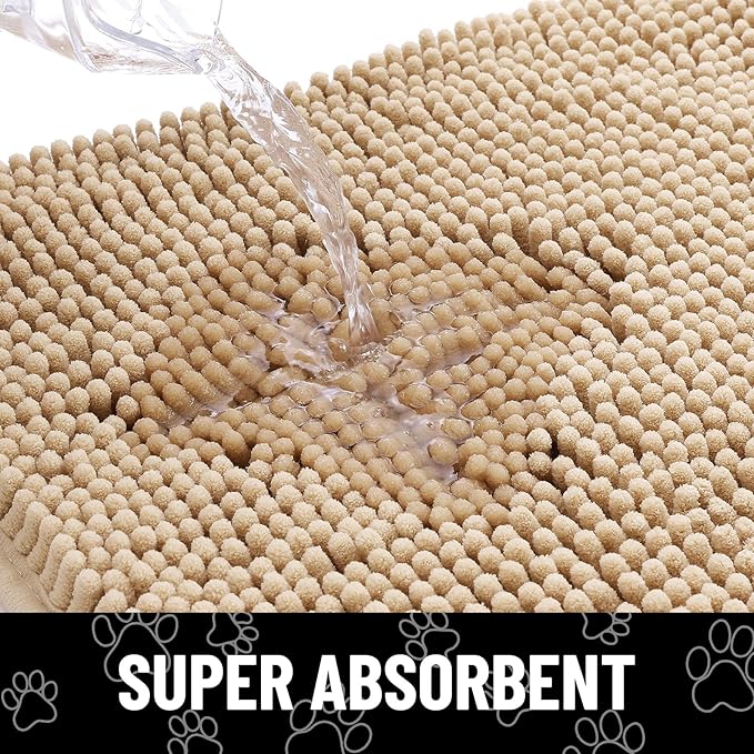 Smiry Dog Door Mat for Muddy Paws, Absorbent Dirt Trapper Non Slip Quick Dry Washable Chenille Mat for Mud Dogs, Entry Rug for Indoor and Outdoor (47x20 Inches, Beige and White)