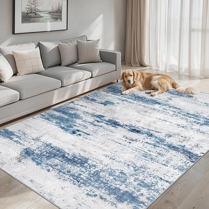 8x10 Area Rugs for Living Room - Washable Rug Modern Abstract Soft Large Neutral Non-Slip Carpet Indoor Floor Thin Carpets for Bedroom Dining Room Farmhouse Nursery Home Office White Blue Grey