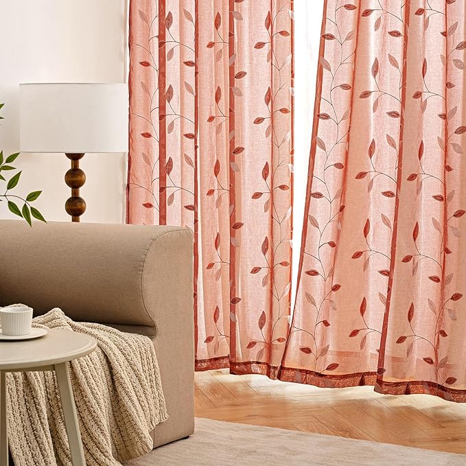 MIULEE Terracotta Sheer Curtains 2 Panels Embroidered Leaf Patterned burnt Orange Rod Pocket Floral Semi Faux Linen Fall Window Curtains Drapes Set for Living Room Bedroom Dining Room, 52x84 Inch Long