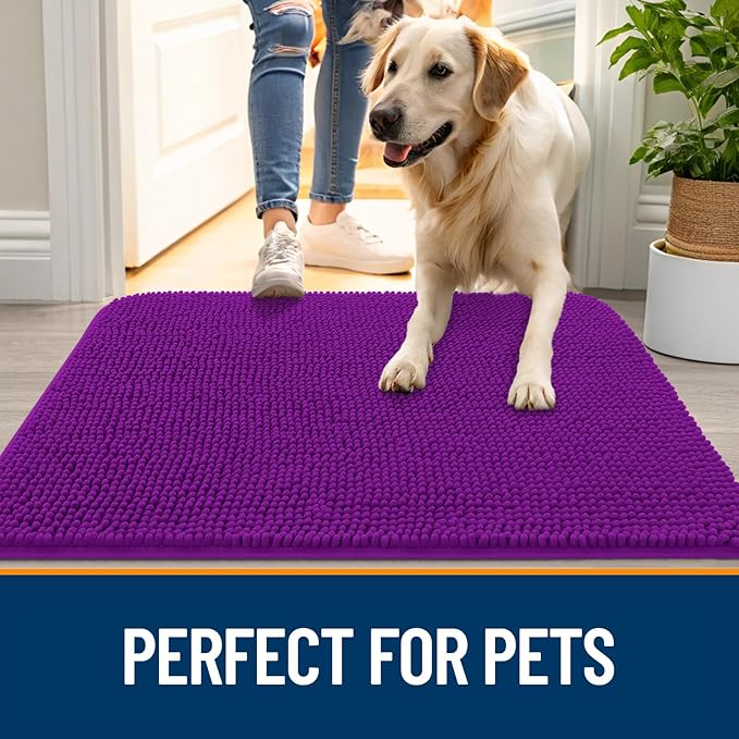 OLANLY Dog Door Mat for Muddy Paws 50x30, Absorbs Moisture and Dirt, Absorbent Non-Slip Washable Doormat, Quick Dry Chenille Mud Mat for Dogs, Entry Indoor Entryway Carpet for Inside Floor, Purple