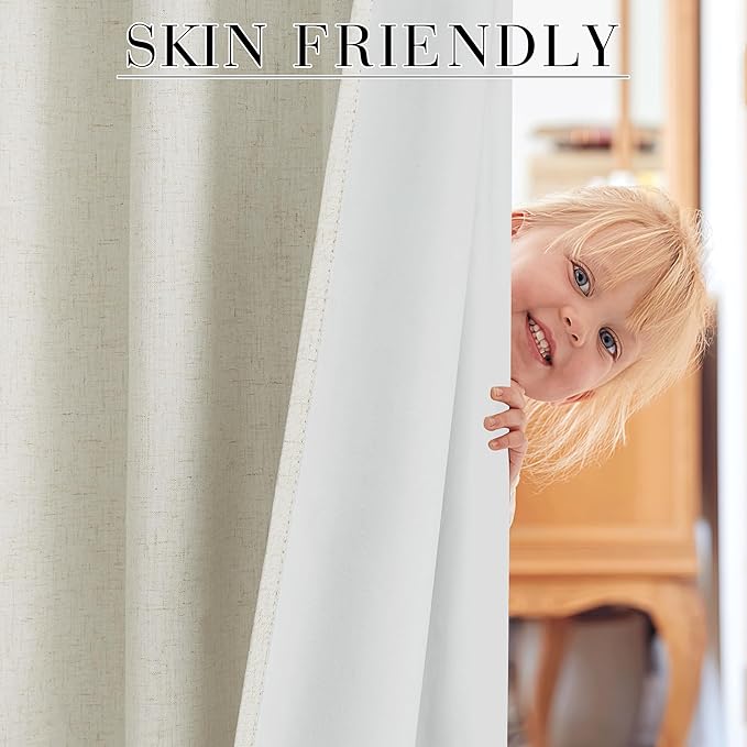 RYB HOME 100% Blackout Curtains Natural Linen Blended, Thermal Insulated Room Darkening Window Treatment with White Liner Classy Home Decor for Living Room Nursery, Natural, W52 x L95 inch, 2 Panels
