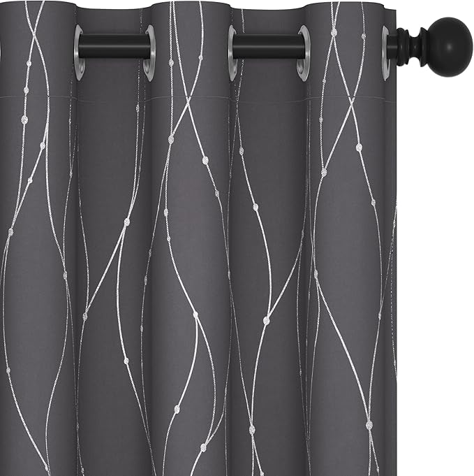 Deconovo Gray Curtains for Living Room, Blackout Drapes, Protect Pravicy Thermal Insulated Soundproof Window Drape, Wave Dots Foil Print, 42 x 72 Inch, Set of 2 Panels for Bedroom Classroom Office
