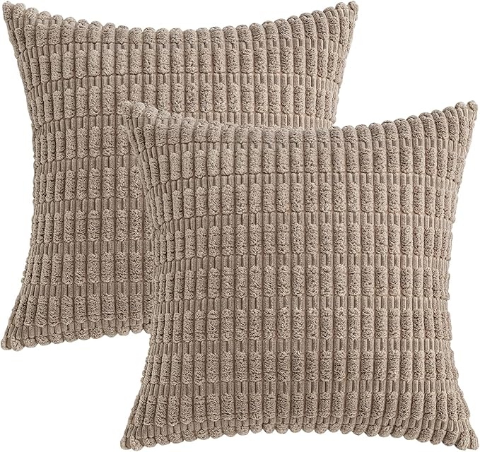MIULEE Pack of 2 Corduroy Decorative Euro Sham Throw Pillow Covers 26x26 Inch Soft Boho Striped Pillow Covers Modern Farmhouse Home Decor for Sofa Living Room Couch Bed Light Brown