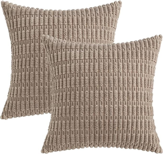 MIULEE Pack of 2 Corduroy Decorative Throw Pillow Covers 12x12 Inch Soft Boho Striped Pillow Covers Modern Farmhouse Home Decor for Sofa Living Room Couch Bed Light Brown
