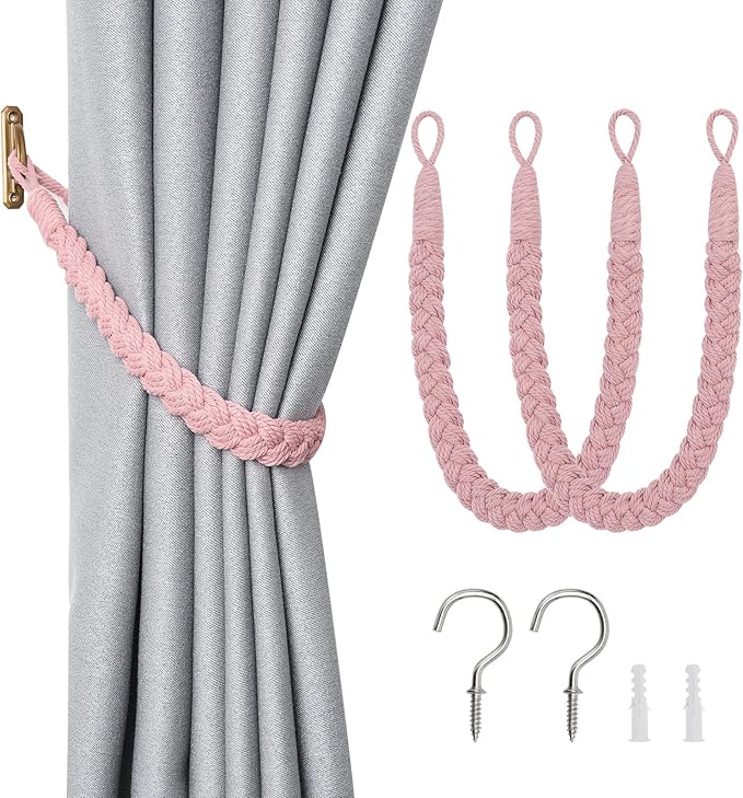 NICEEC 2 Pack Natural Cotton Rope Curtain Tiebacks Elegant Boho Style Decorative Drape Tie Backs Soft Hand-Woven Rope Curtain Holdbacks with Metal Hook for Home & Office Drapery (Pink)