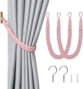 NICEEC 2 Pack Natural Cotton Rope Curtain Tiebacks Elegant Boho Style Decorative Drape Tie Backs Soft Hand-Woven Rope Curtain Holdbacks with Metal Hook for Home & Office Drapery (Pink)