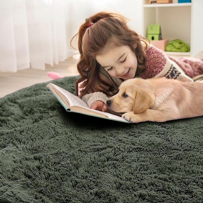 OLANLY Olive Green Round Rugs for Bedroom - Machine Washable, 2 ft Circle Area Rugs for Living Room, Soft and Fluffy Shaggy Carpet for Teen Girl and Boys, Nursery Rooms, Dorms, Home Decor Aesthetic