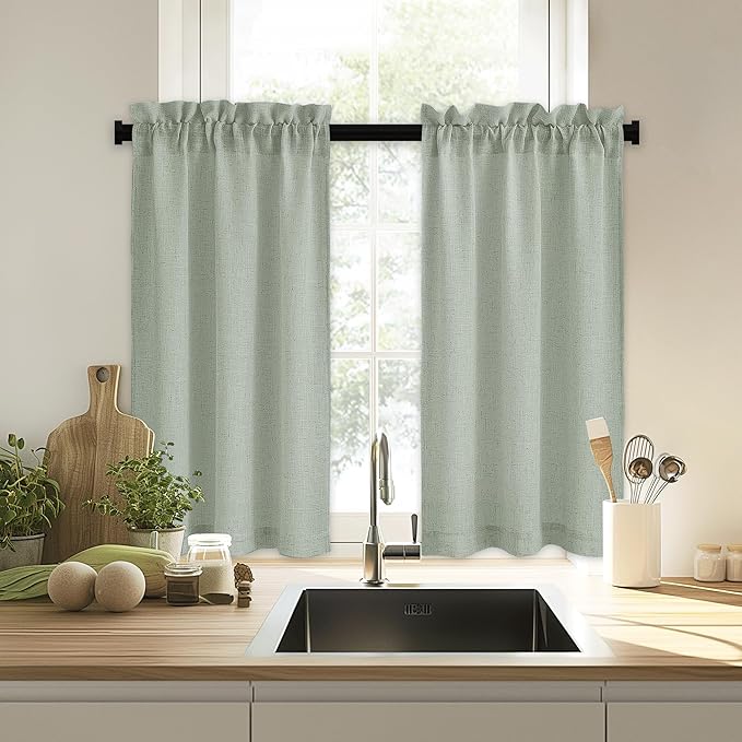 RYB HOME Cafe Curtains 24 inches Length, Linen Sheer Short Curtains for Small Window, Half Privacy Light Filetring Window Tier Valance for Kitchen Bathroom, W 26 x L 24, Sage Green, 2 Panels Set