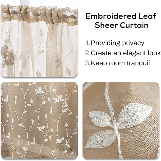 AmHoo 2 Panels Embroidered Leaf Pattern Semi Sheer Curtains Foliage Floral Voile Window Draperies Treatment for Bedroom Living Room Rod Pocket Taupe 53 x 84 Inch
